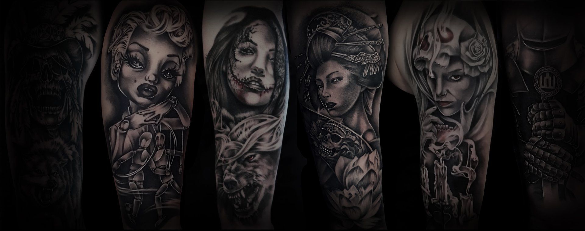 Five full sleeves in black and grey realism